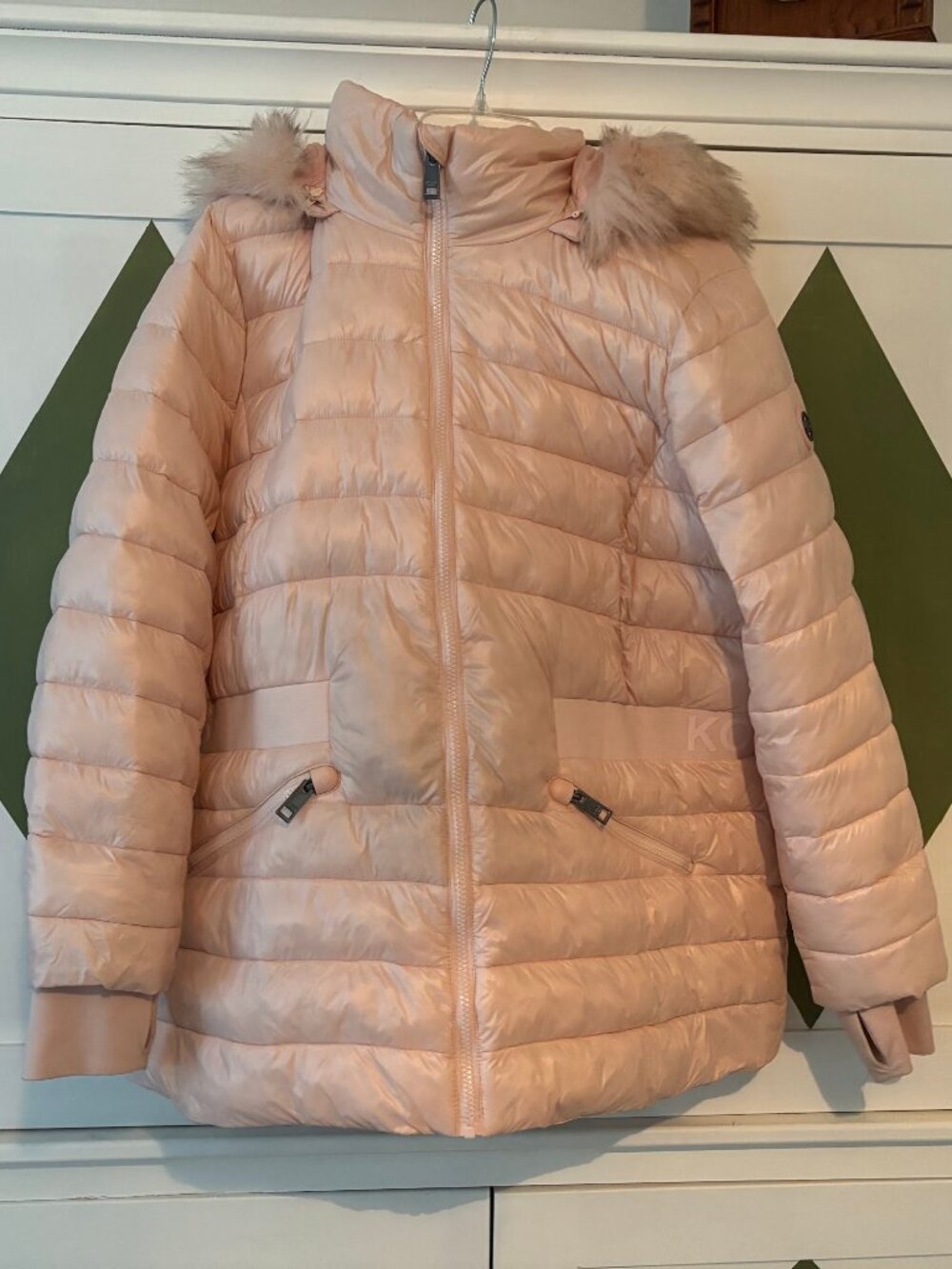 Michael Kors Baby Pink Quilted Faux Fur Hood Puffer Coat